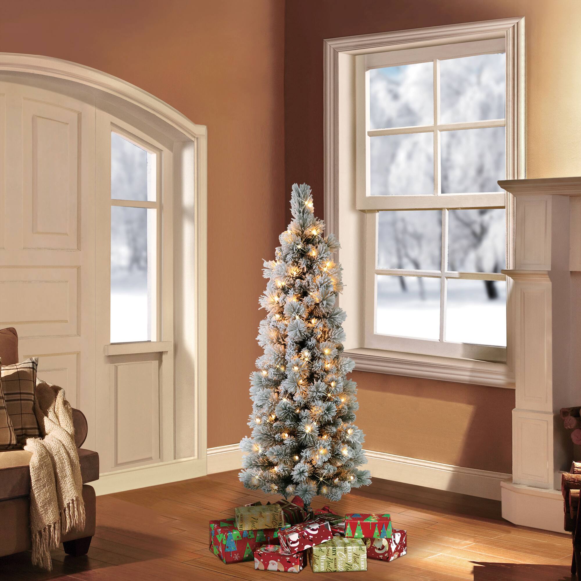 6 Pack: 4.5ft. Pre-Lit Flocked Portland Pine Pencil Artificial Christmas Tree, Clear Lights